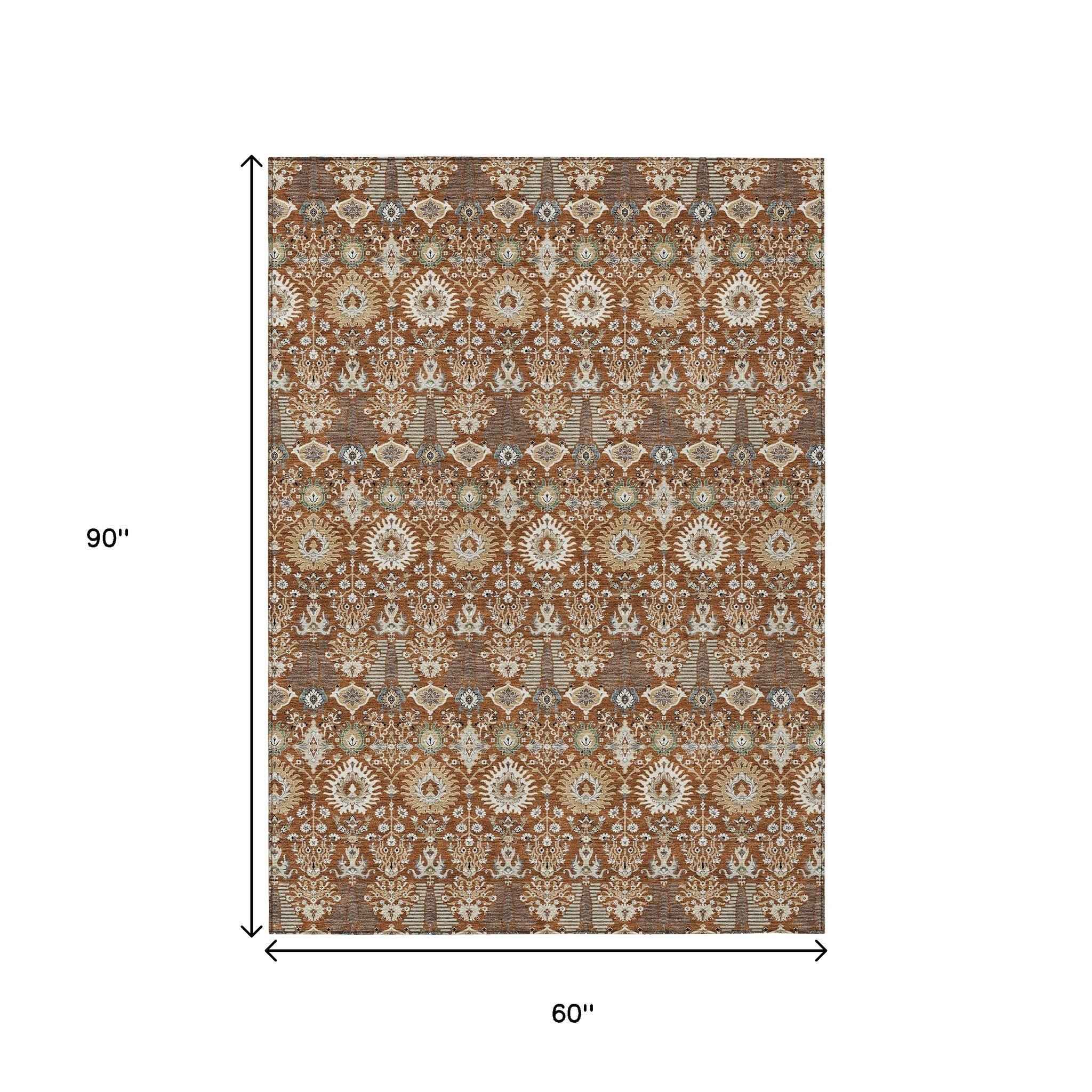 5' X 8' Rust And Ivory Floral Washable Indoor Outdoor Area Rug