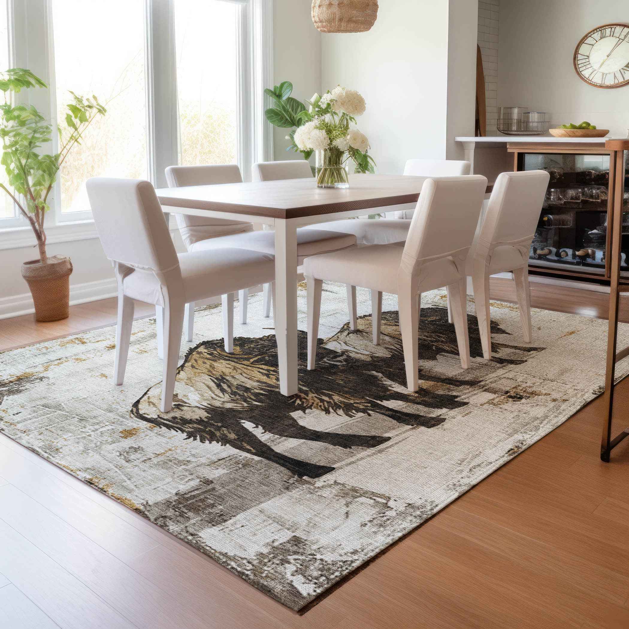 10' X 14' Beige Ivory And Charcoal Animal Print Washable Indoor Outdoor Area Rug