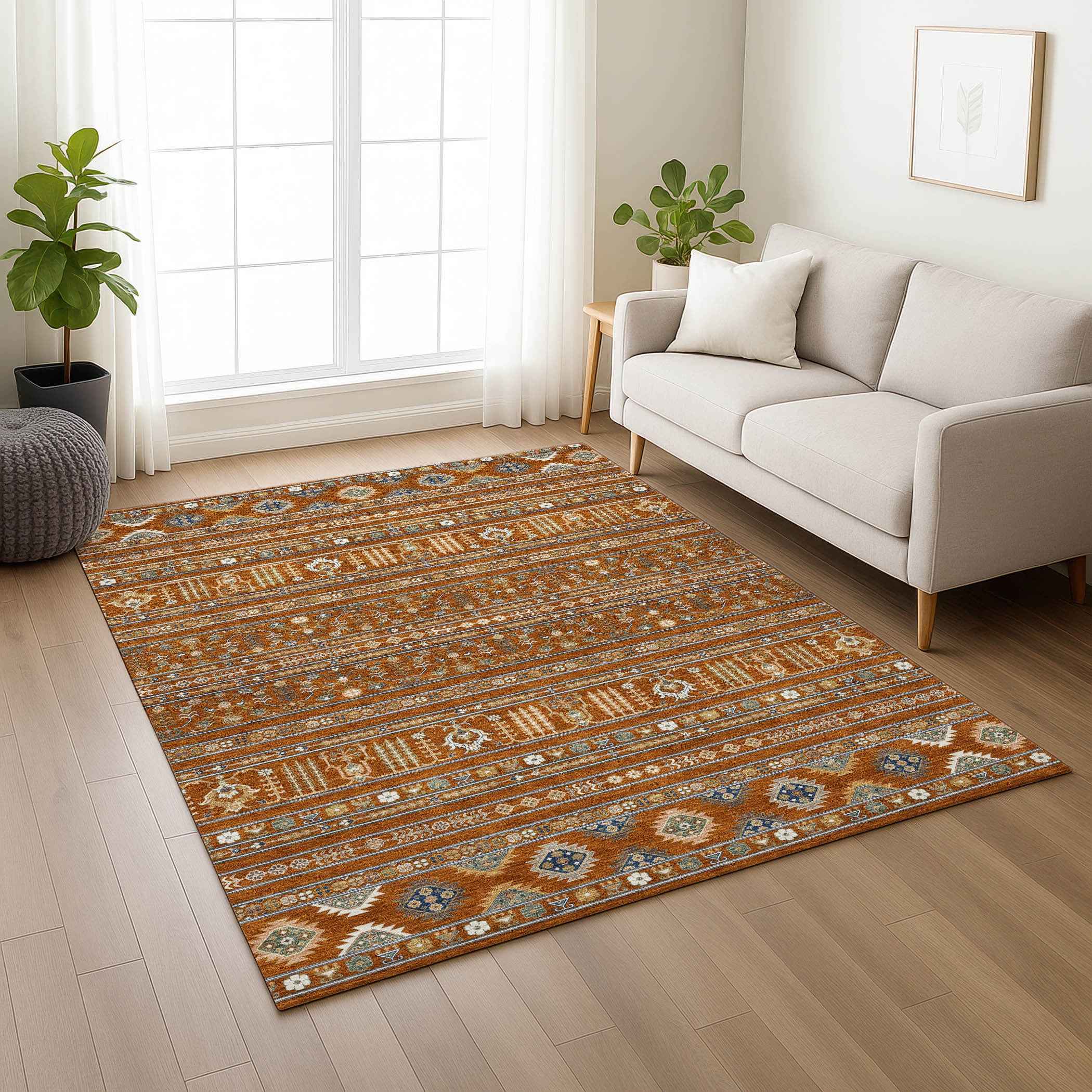 3' X 5' Rust Blue And Ivory Tribal Washable Indoor Outdoor Area Rug