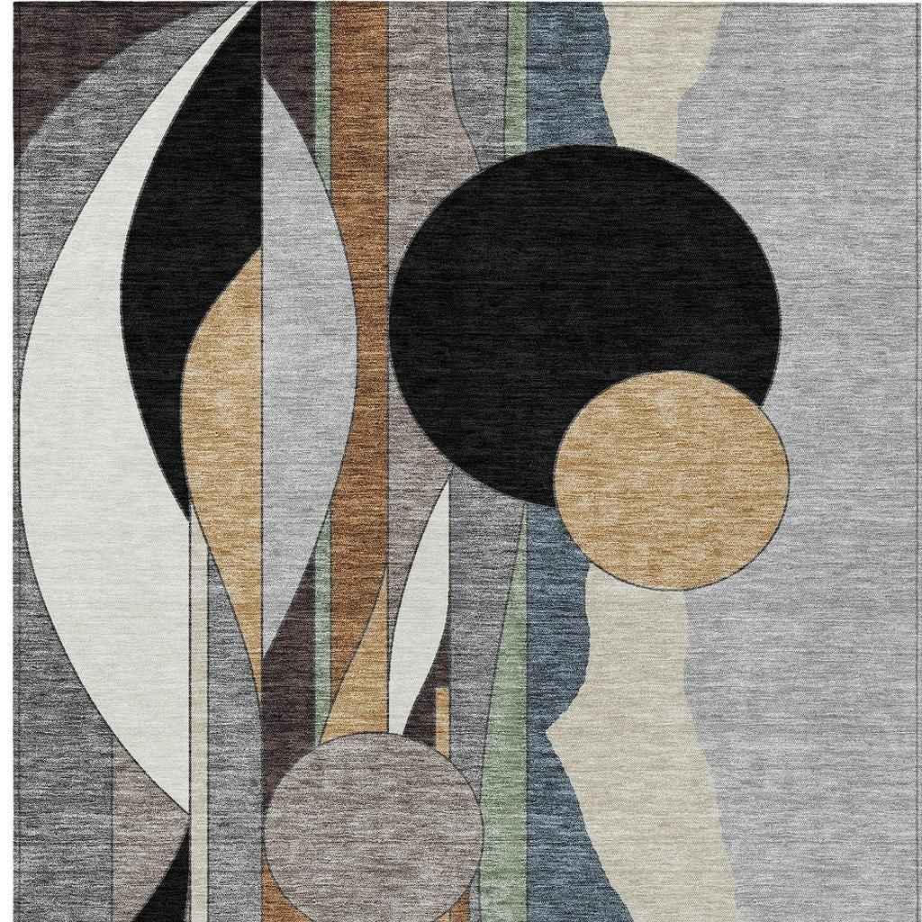8' X 10' Gray Black And Gold Geometric Washable Indoor Outdoor Area Rug