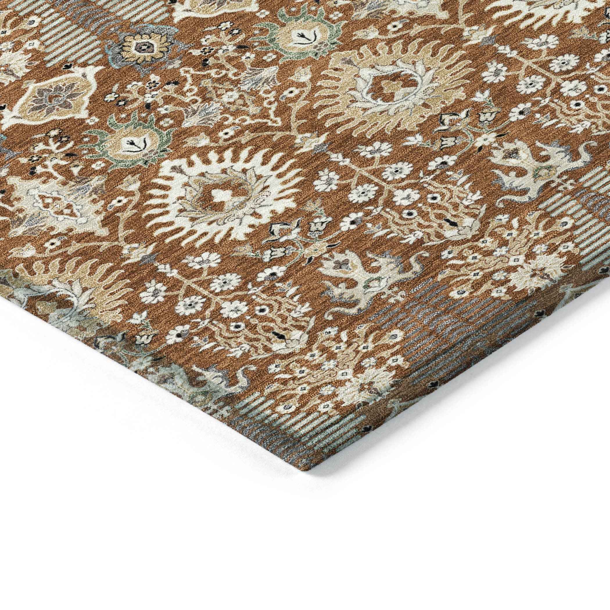 5' X 8' Rust And Ivory Floral Washable Indoor Outdoor Area Rug