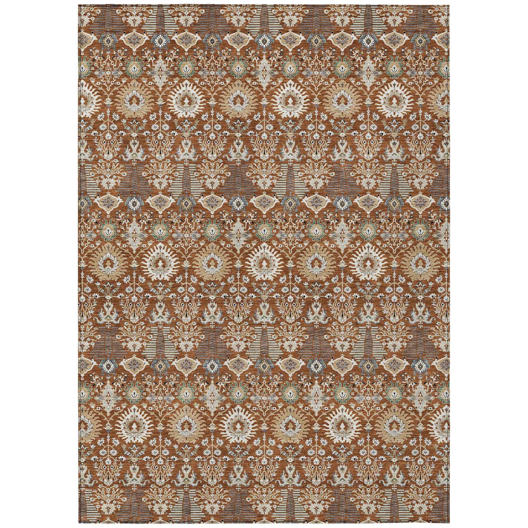 5' X 8' Rust And Ivory Floral Washable Indoor Outdoor Area Rug