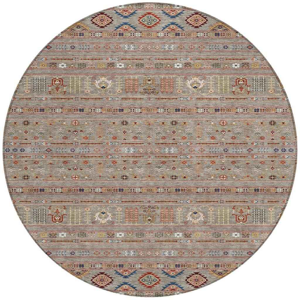 8' Taupe Blue And Copper Round Tribal Washable Indoor Outdoor Area Rug