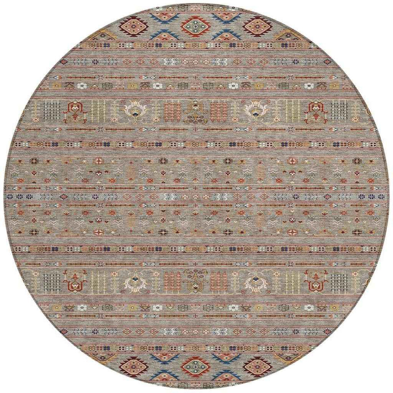 8' Taupe Blue And Copper Round Tribal Washable Indoor Outdoor Area Rug
