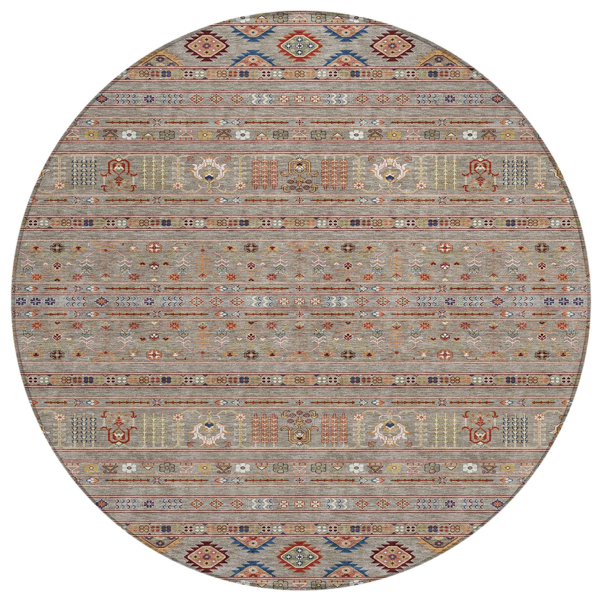 8' Taupe Blue And Copper Round Tribal Washable Indoor Outdoor Area Rug