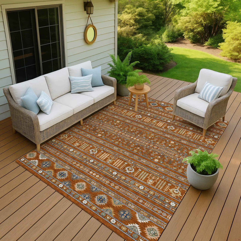3' X 5' Rust Blue And Ivory Tribal Washable Indoor Outdoor Area Rug