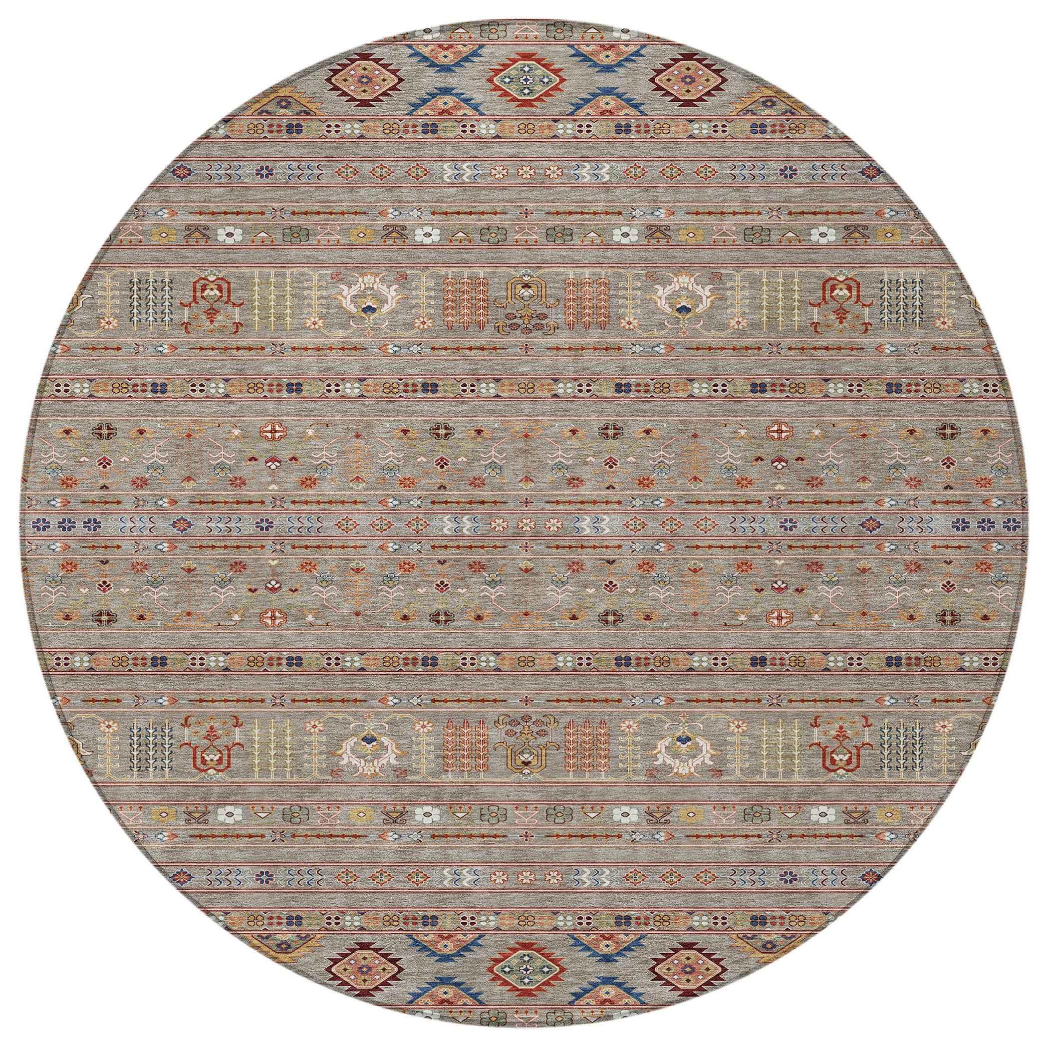 8' Taupe Blue And Copper Round Tribal Washable Indoor Outdoor Area Rug