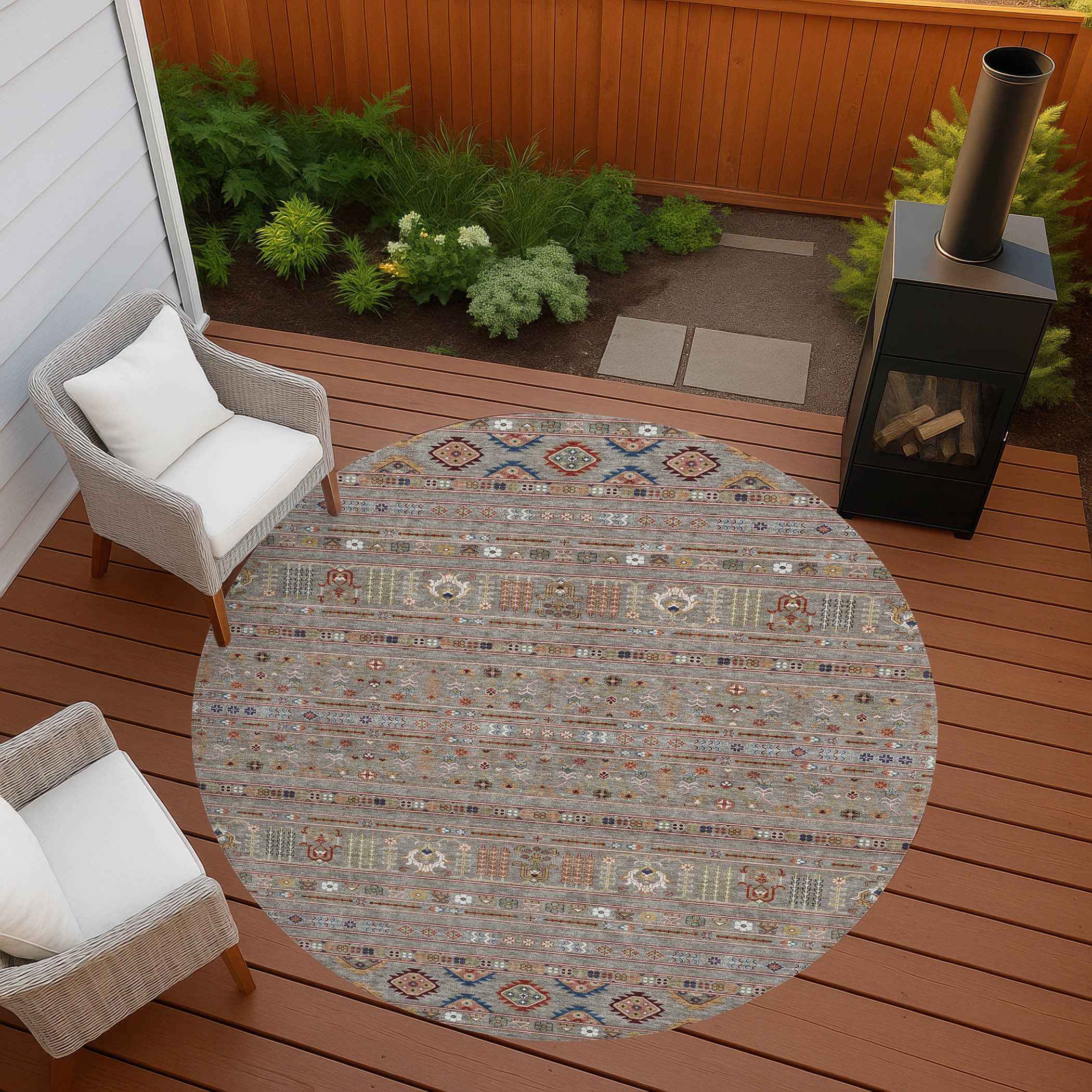 8' Taupe Blue And Copper Round Tribal Washable Indoor Outdoor Area Rug
