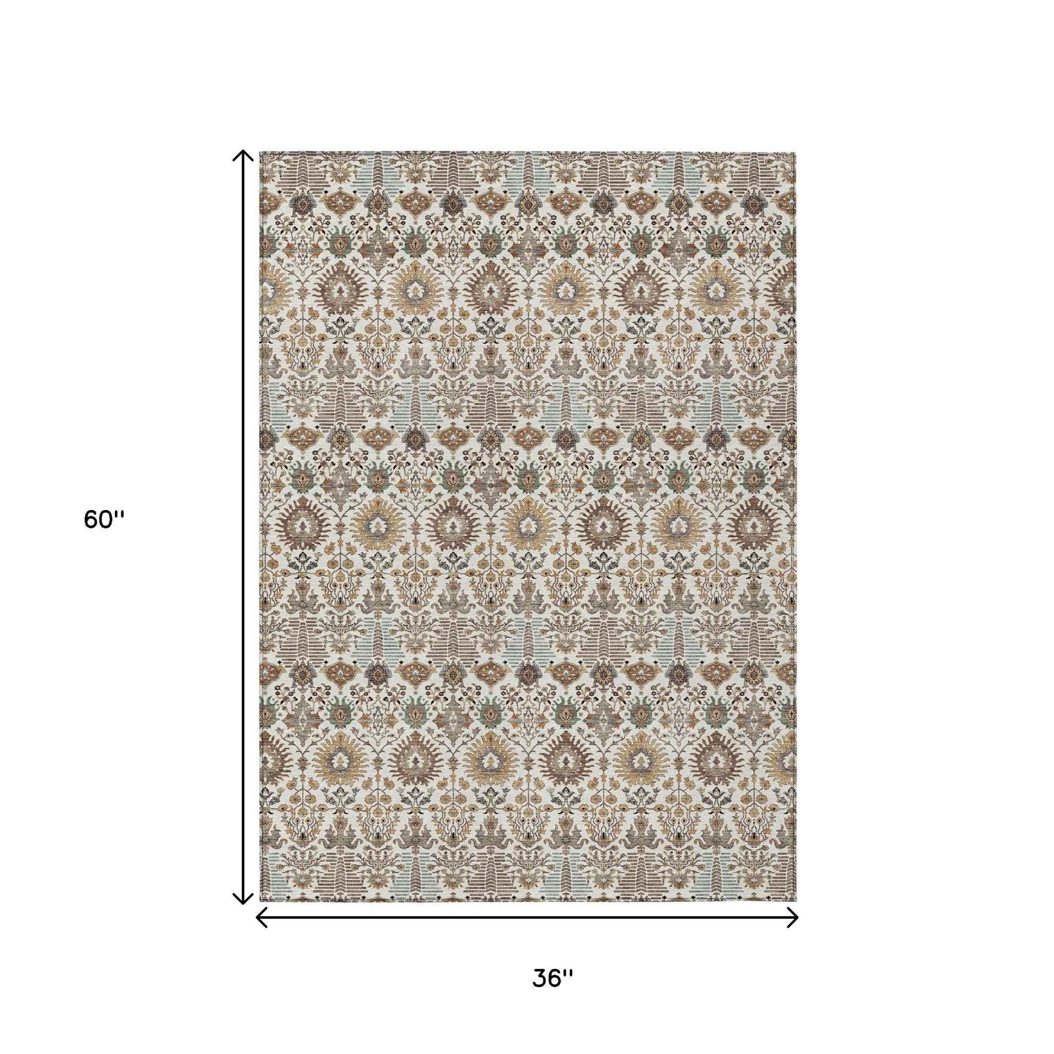 3' X 5' Ivory And Brown Floral Washable Indoor Outdoor Area Rug