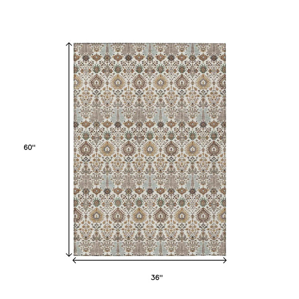 3' X 5' Ivory And Brown Floral Washable Indoor Outdoor Area Rug