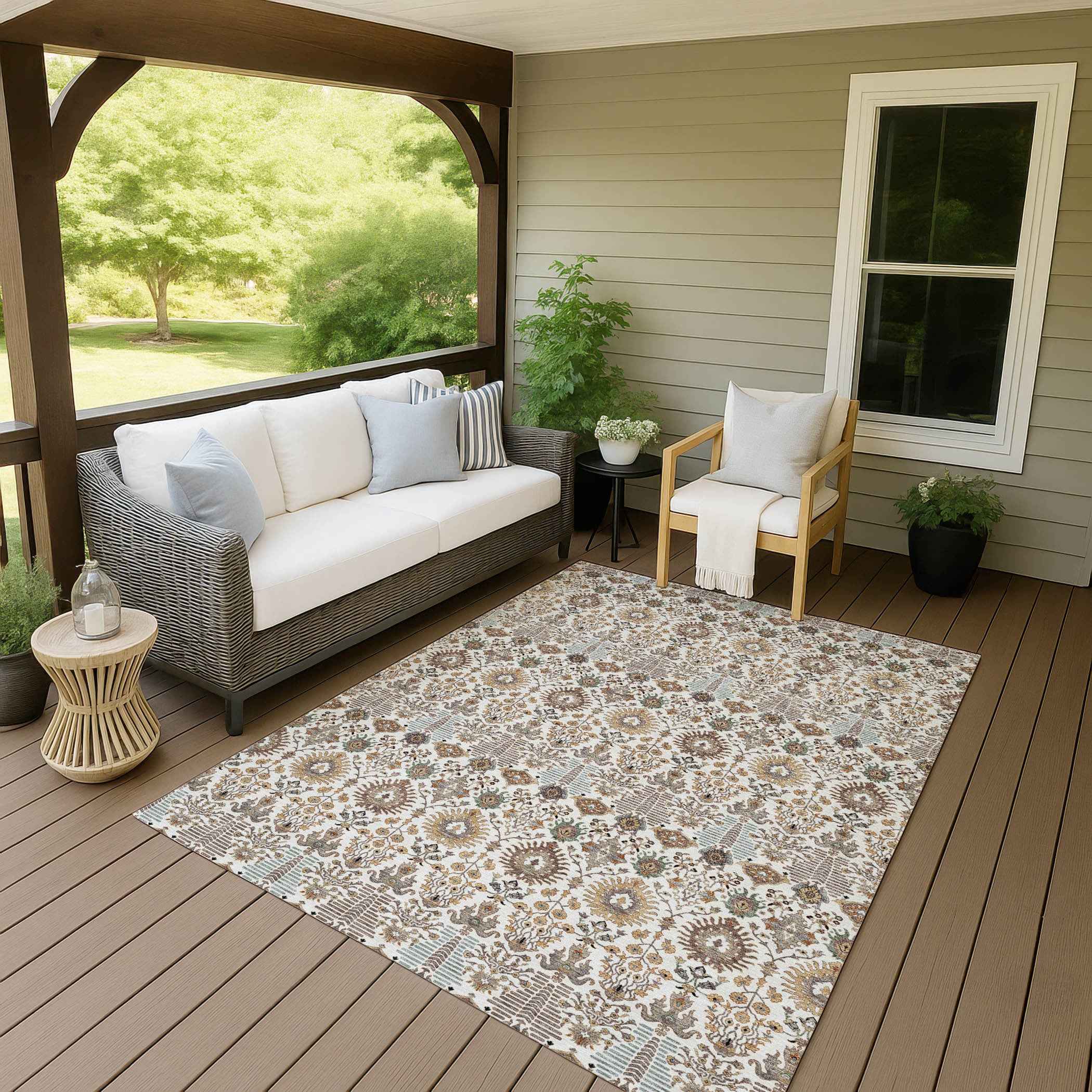 3' X 5' Ivory And Brown Floral Washable Indoor Outdoor Area Rug