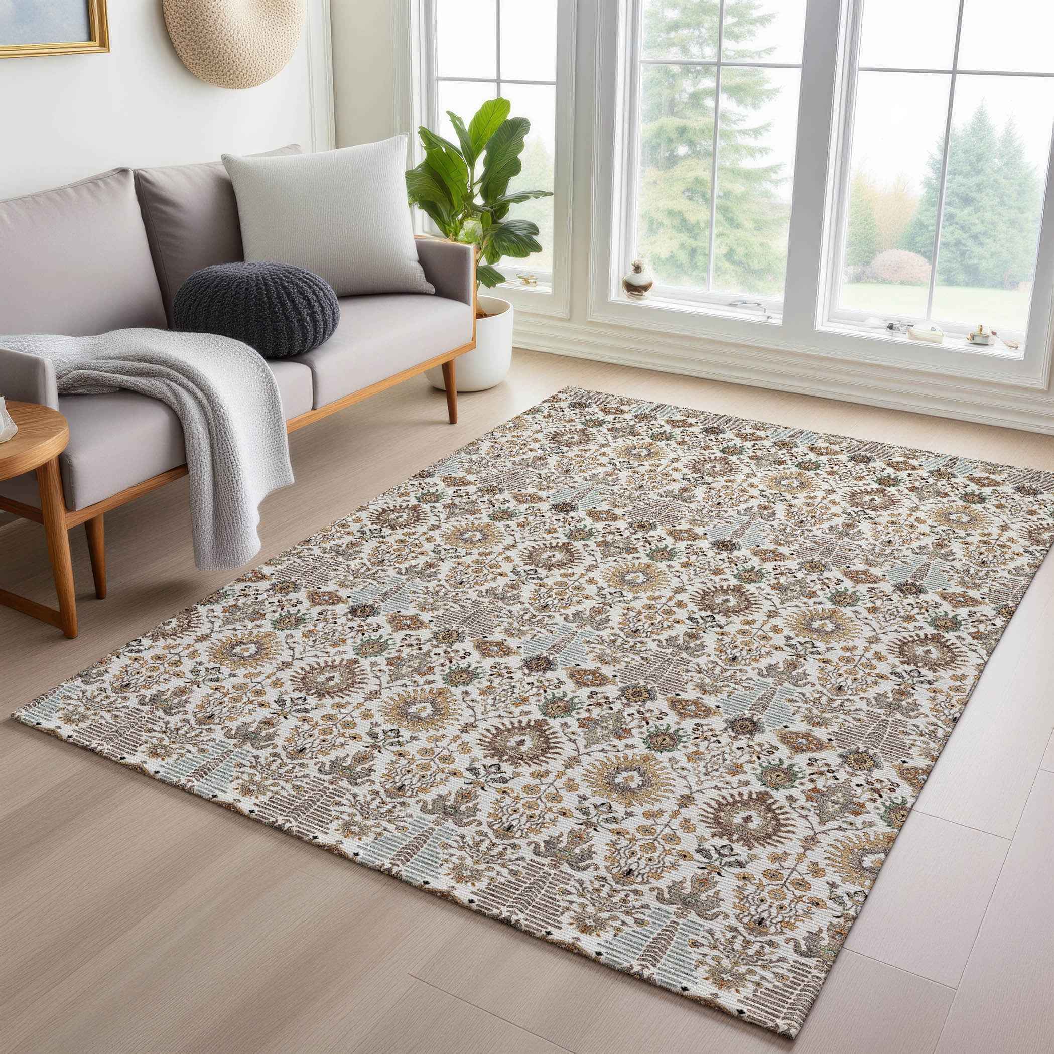 3' X 5' Ivory And Brown Floral Washable Indoor Outdoor Area Rug