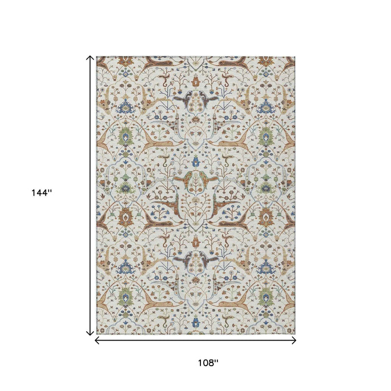 9' X 12' Ivory Copper And Blue Floral Washable Indoor Outdoor Area Rug