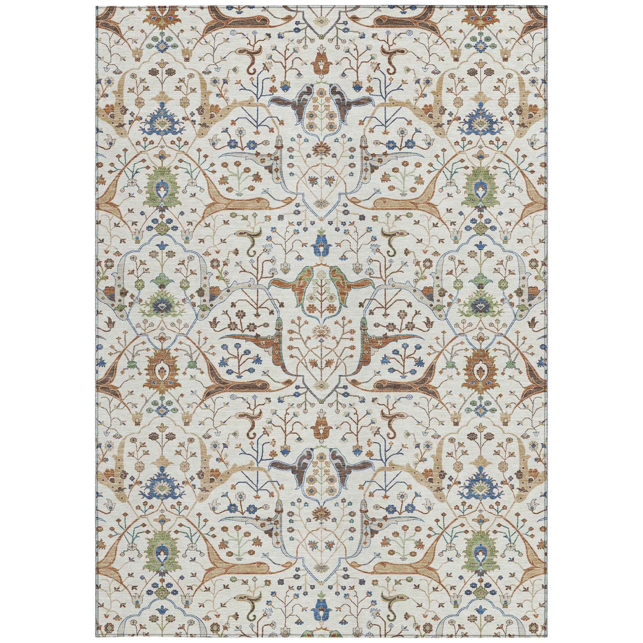 9' X 12' Ivory Copper And Blue Floral Washable Indoor Outdoor Area Rug