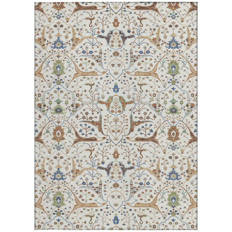 9' X 12' Ivory Copper And Blue Floral Washable Indoor Outdoor Area Rug