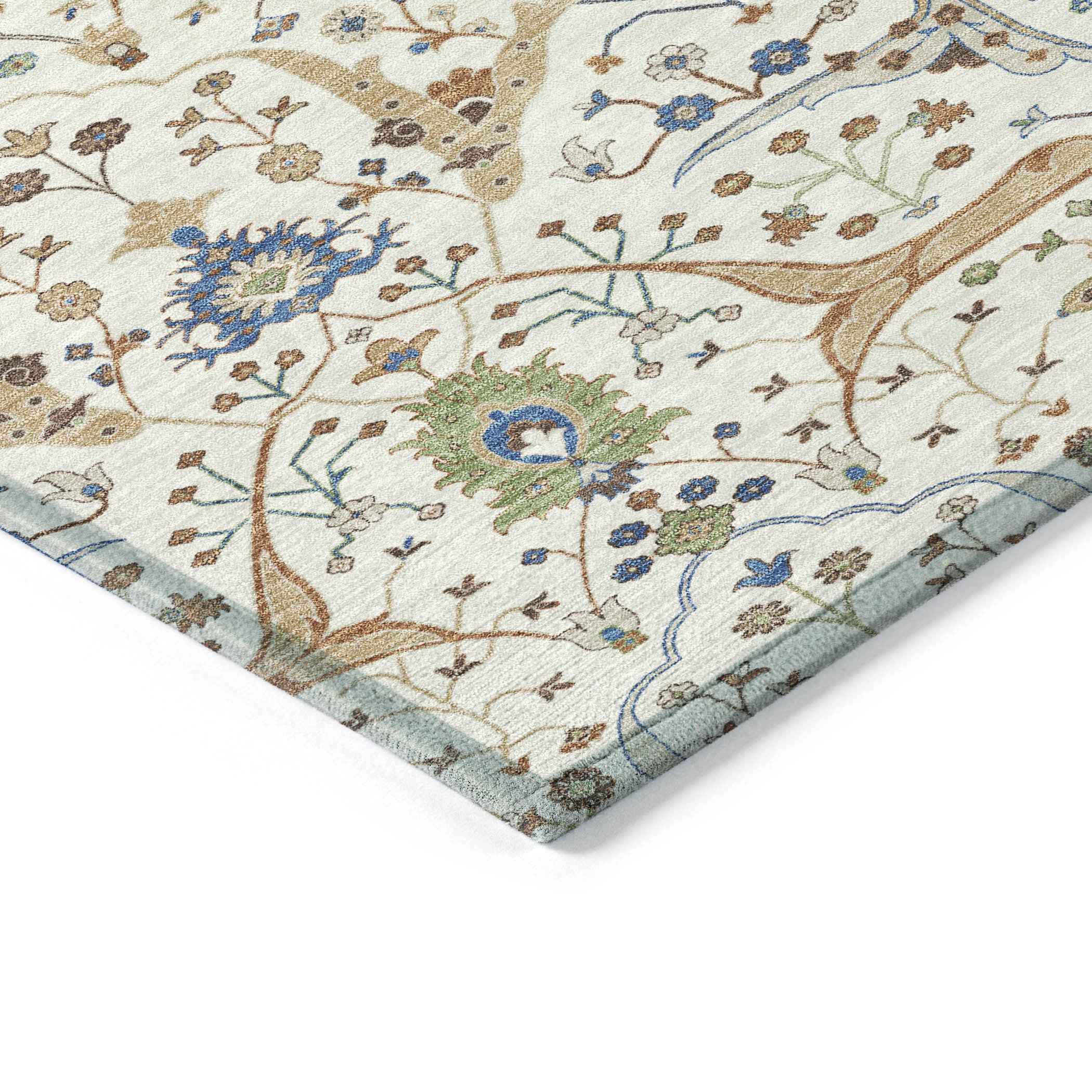 9' X 12' Ivory Copper And Blue Floral Washable Indoor Outdoor Area Rug