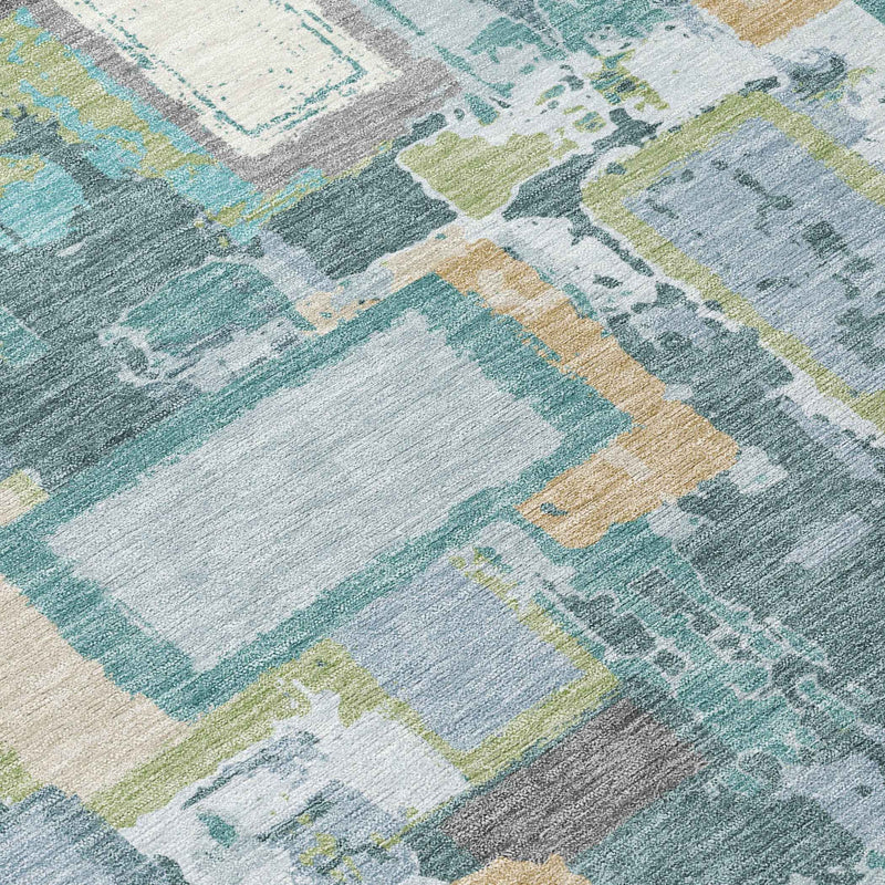 8' Teal Blue Green And Ivory Round Geometric Washable Indoor Outdoor Area Rug