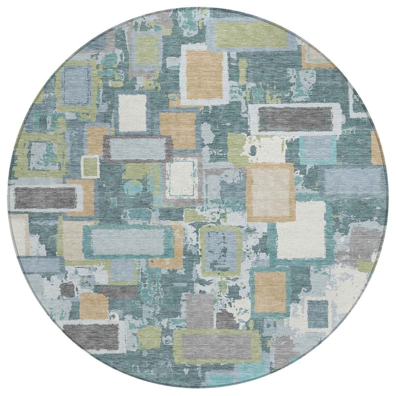 8' Teal Blue Green And Ivory Round Geometric Washable Indoor Outdoor Area Rug
