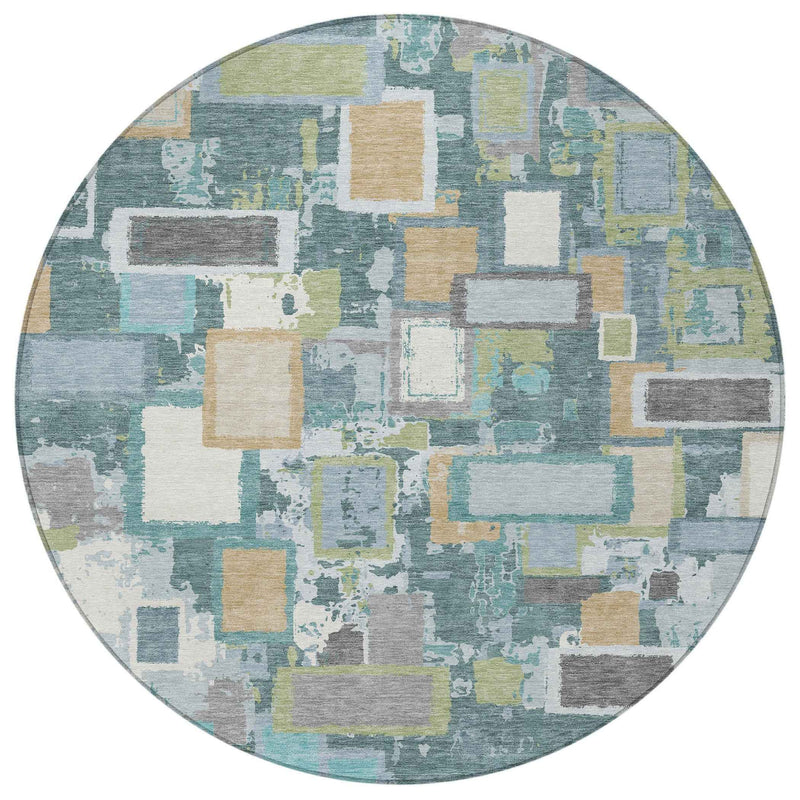 8' Teal Blue Green And Ivory Round Geometric Washable Indoor Outdoor Area Rug