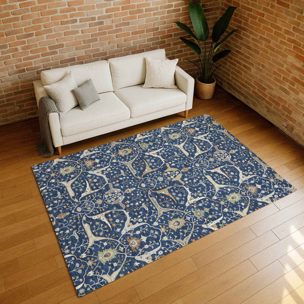 3' X 5' Navy Blue Ivory And Gold Floral Washable Indoor Outdoor Area Rug