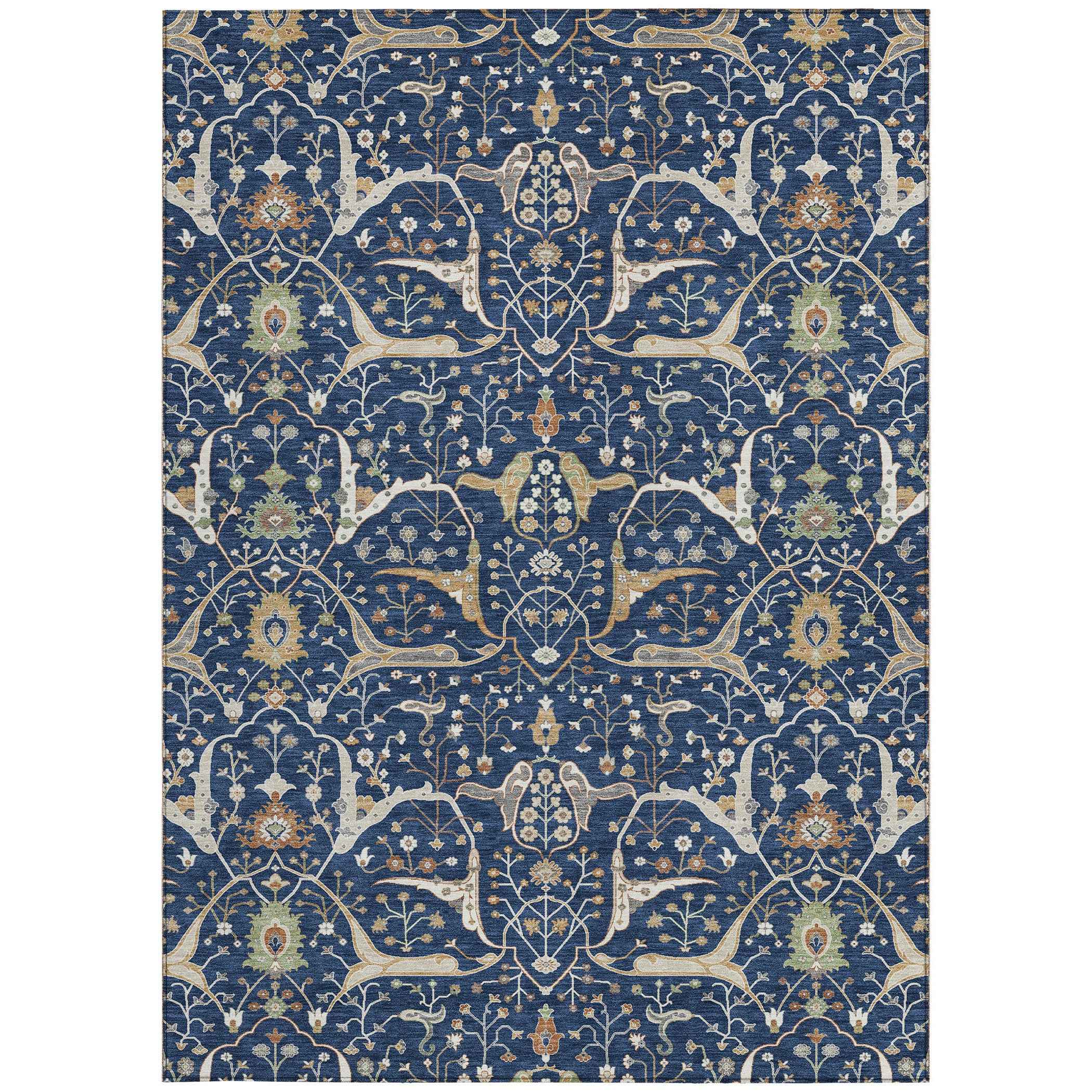 3' X 5' Navy Blue Ivory And Gold Floral Washable Indoor Outdoor Area Rug