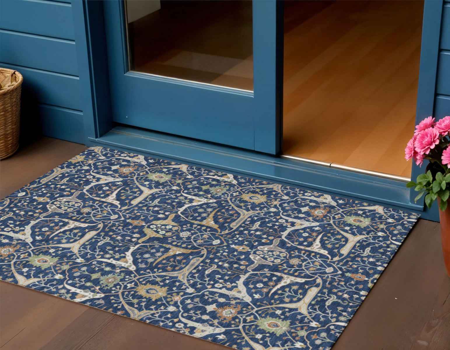 3' X 5' Navy Blue Ivory And Gold Floral Washable Indoor Outdoor Area Rug