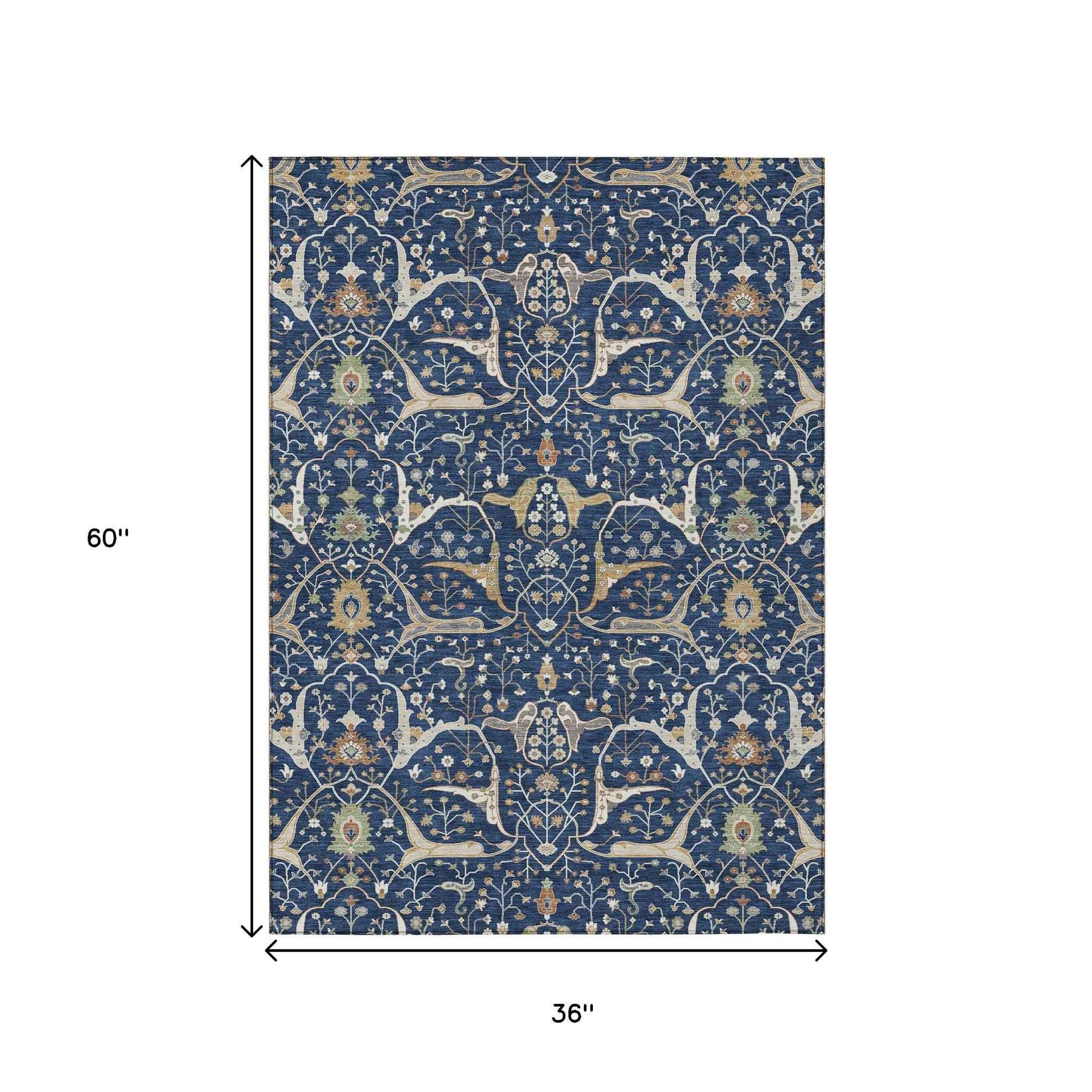 3' X 5' Navy Blue Ivory And Gold Floral Washable Indoor Outdoor Area Rug