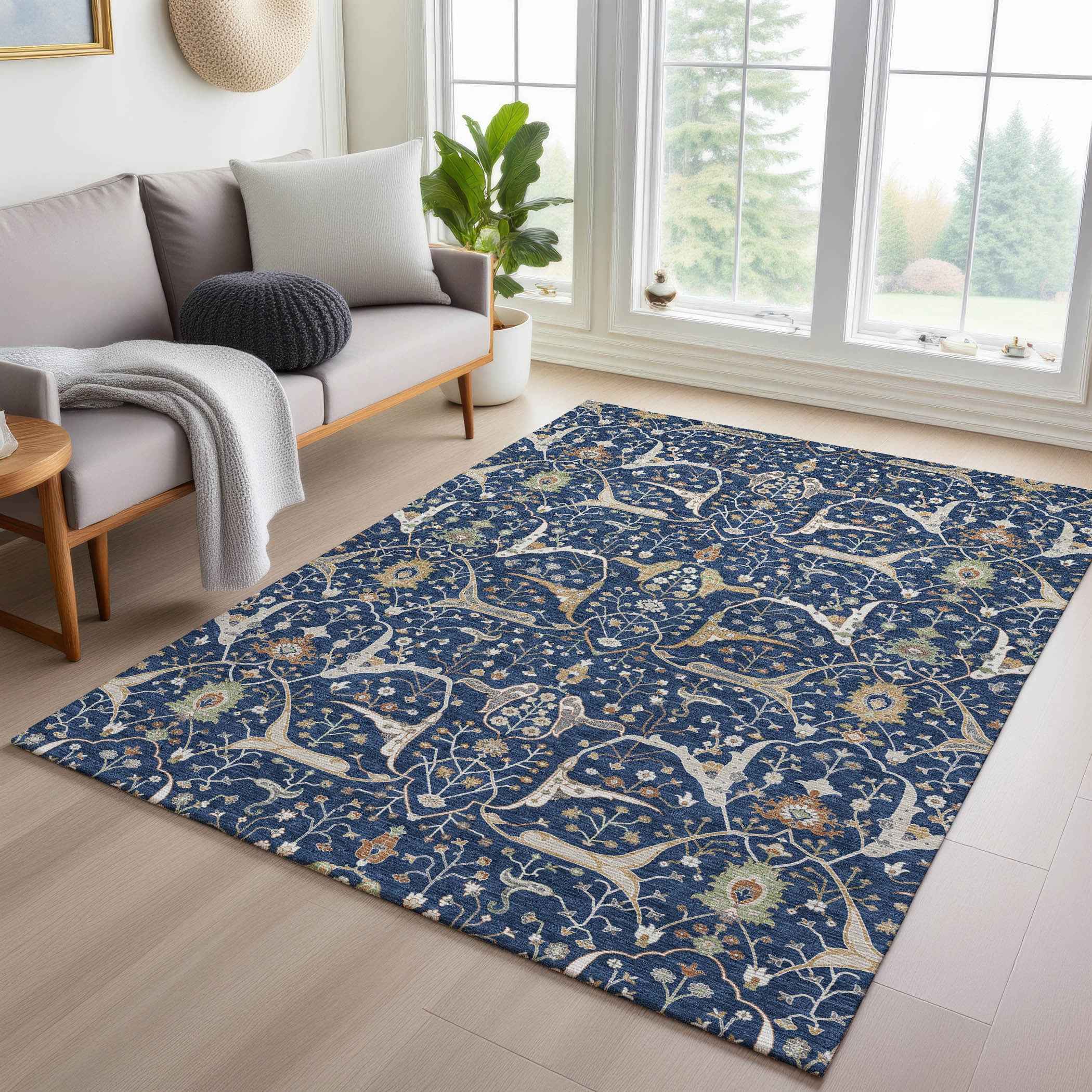 3' X 5' Navy Blue Ivory And Gold Floral Washable Indoor Outdoor Area Rug