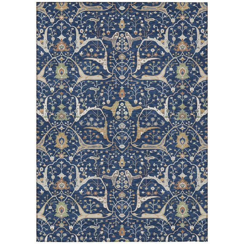 3' X 5' Navy Blue Ivory And Gold Floral Washable Indoor Outdoor Area Rug