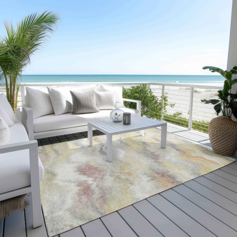 10' X 14' Beige And Ivory Abstract Washable Indoor Outdoor Area Rug