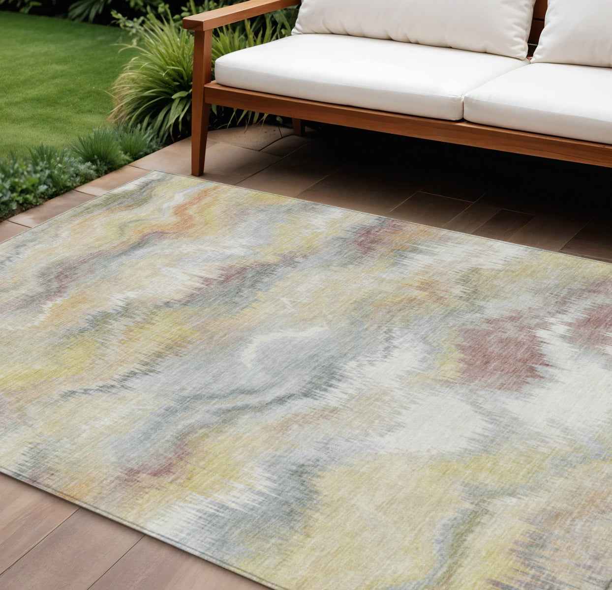 10' X 14' Beige And Ivory Abstract Washable Indoor Outdoor Area Rug