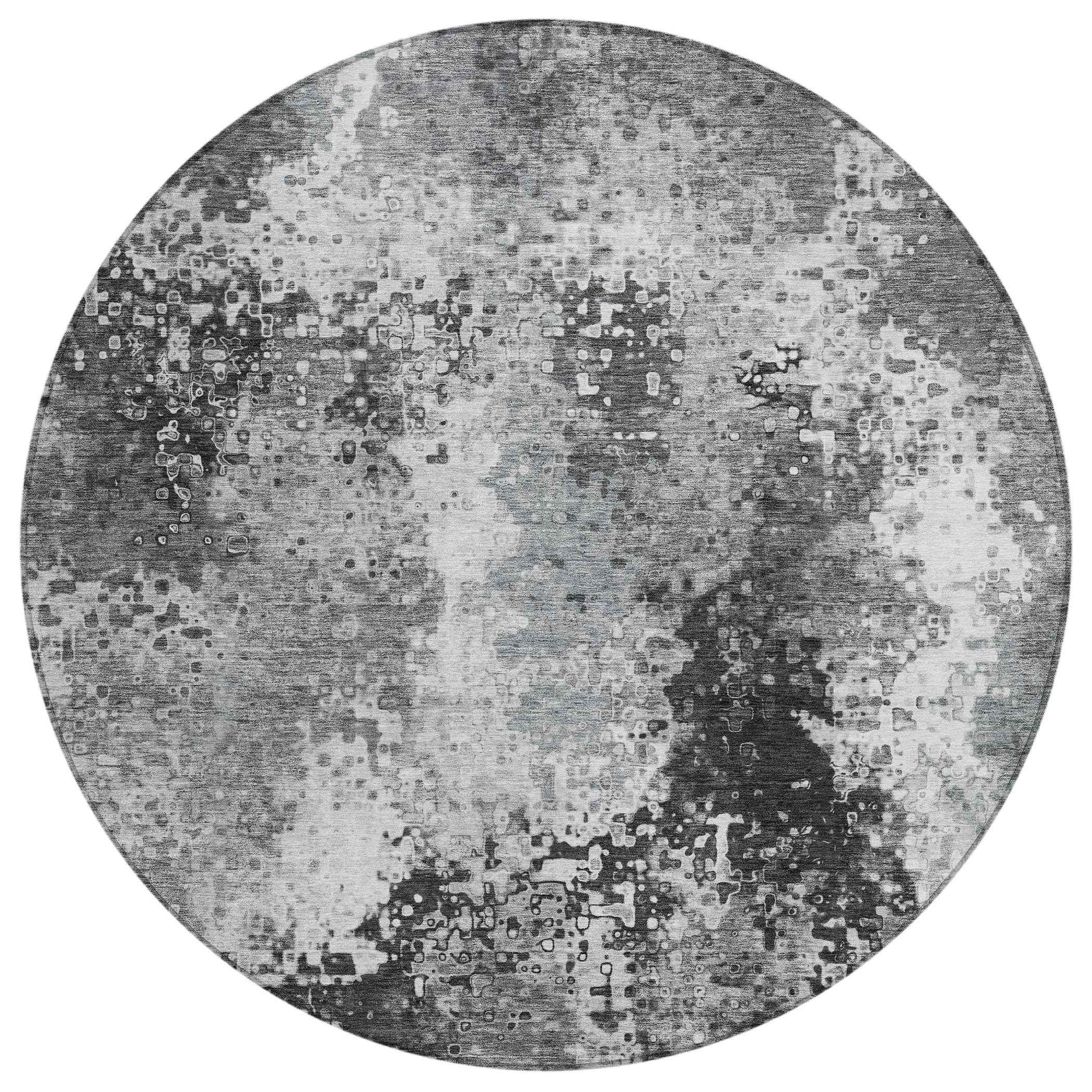 8' Gray And Silver Round Abstract Washable Indoor Outdoor Area Rug