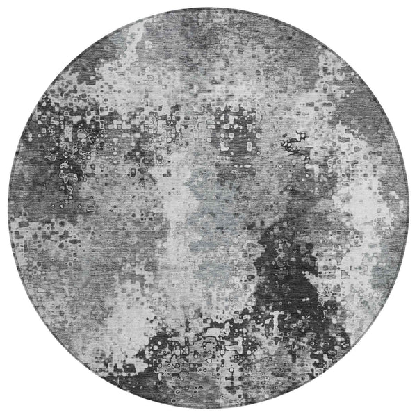 8' Gray And Silver Round Abstract Washable Indoor Outdoor Area Rug Default Title