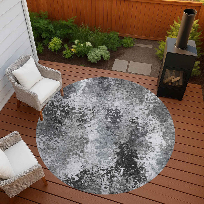 8' Gray And Silver Round Abstract Washable Indoor Outdoor Area Rug