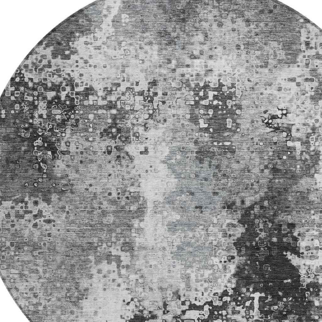 8' Gray And Silver Round Abstract Washable Indoor Outdoor Area Rug