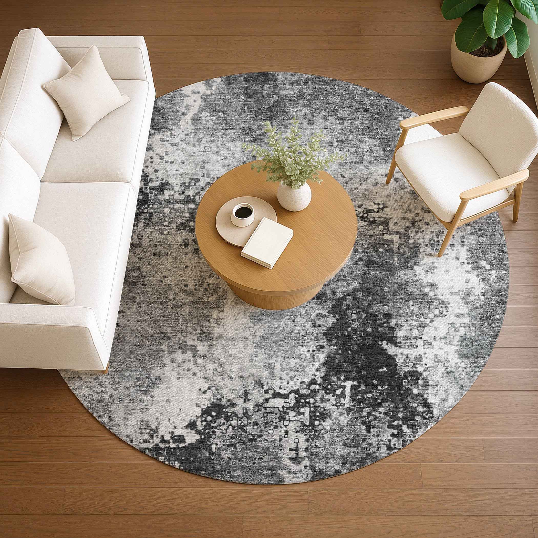 8' Gray And Silver Round Abstract Washable Indoor Outdoor Area Rug