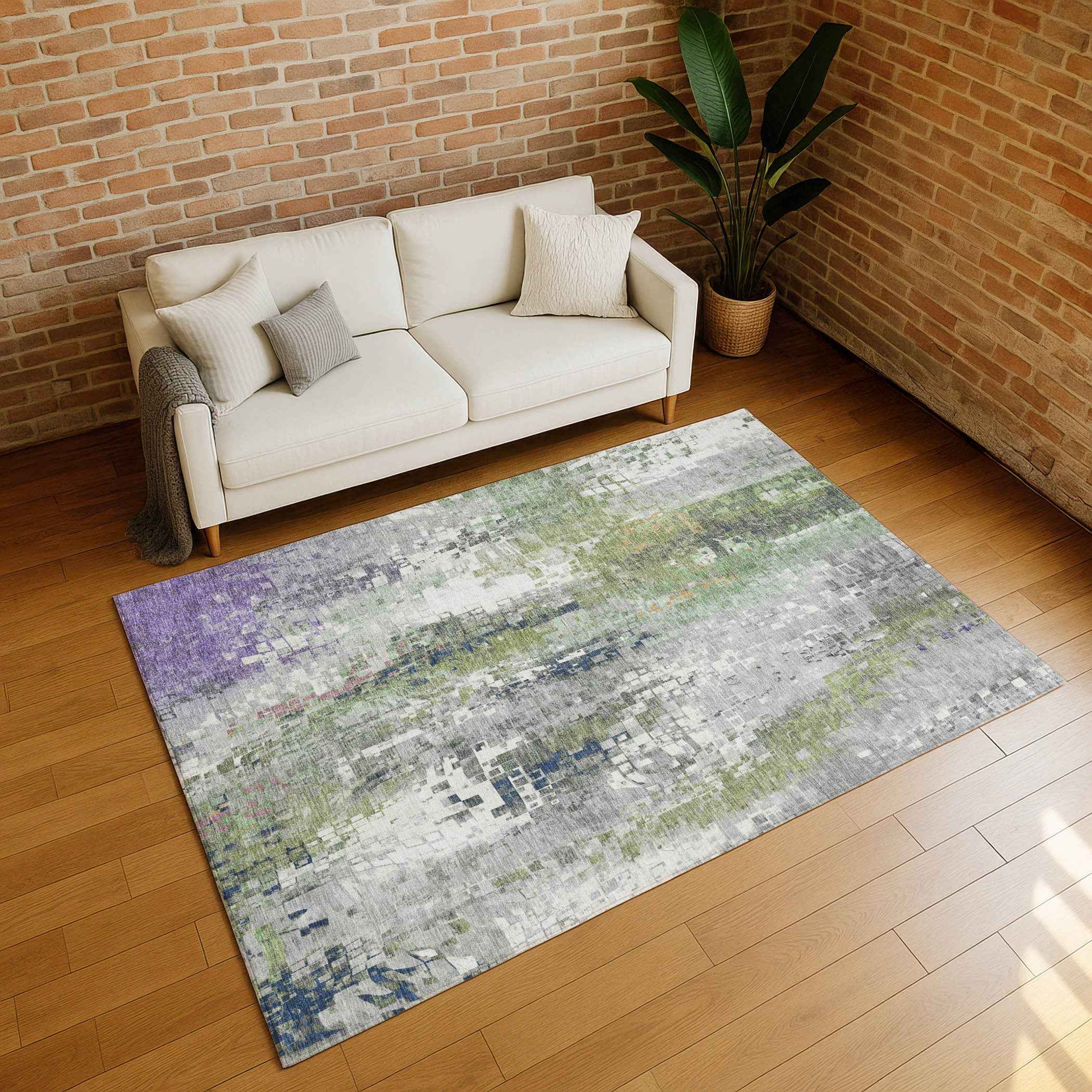 5' X 8' Artichoke Green Ivory And Purple Abstract Washable Indoor Outdoor Area Rug