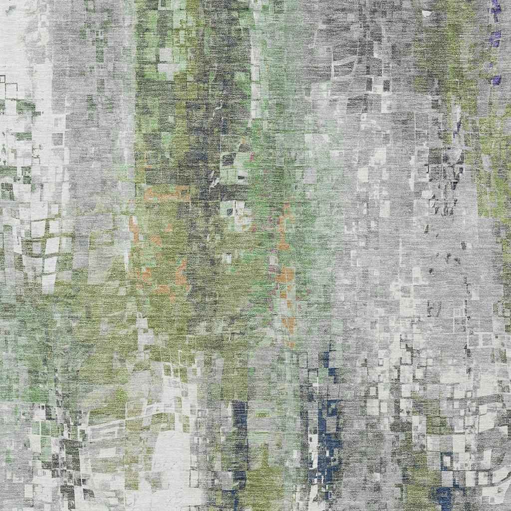 5' X 8' Artichoke Green Ivory And Purple Abstract Washable Indoor Outdoor Area Rug