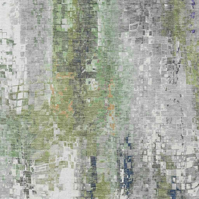 5' X 8' Artichoke Green Ivory And Purple Abstract Washable Indoor Outdoor Area Rug