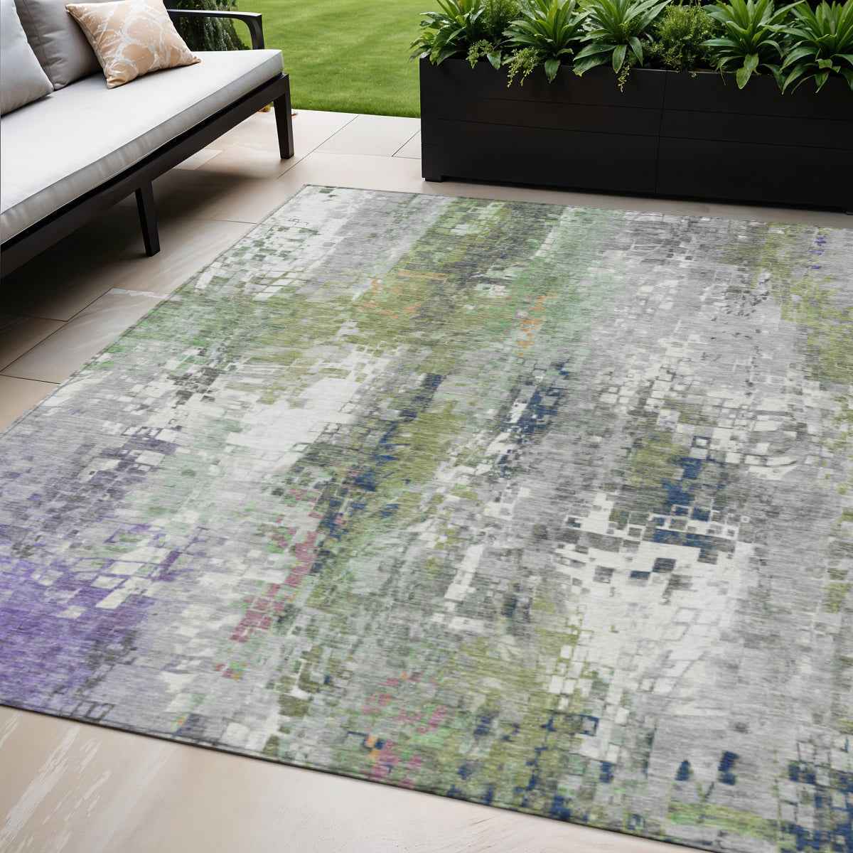 5' X 8' Artichoke Green Ivory And Purple Abstract Washable Indoor Outdoor Area Rug