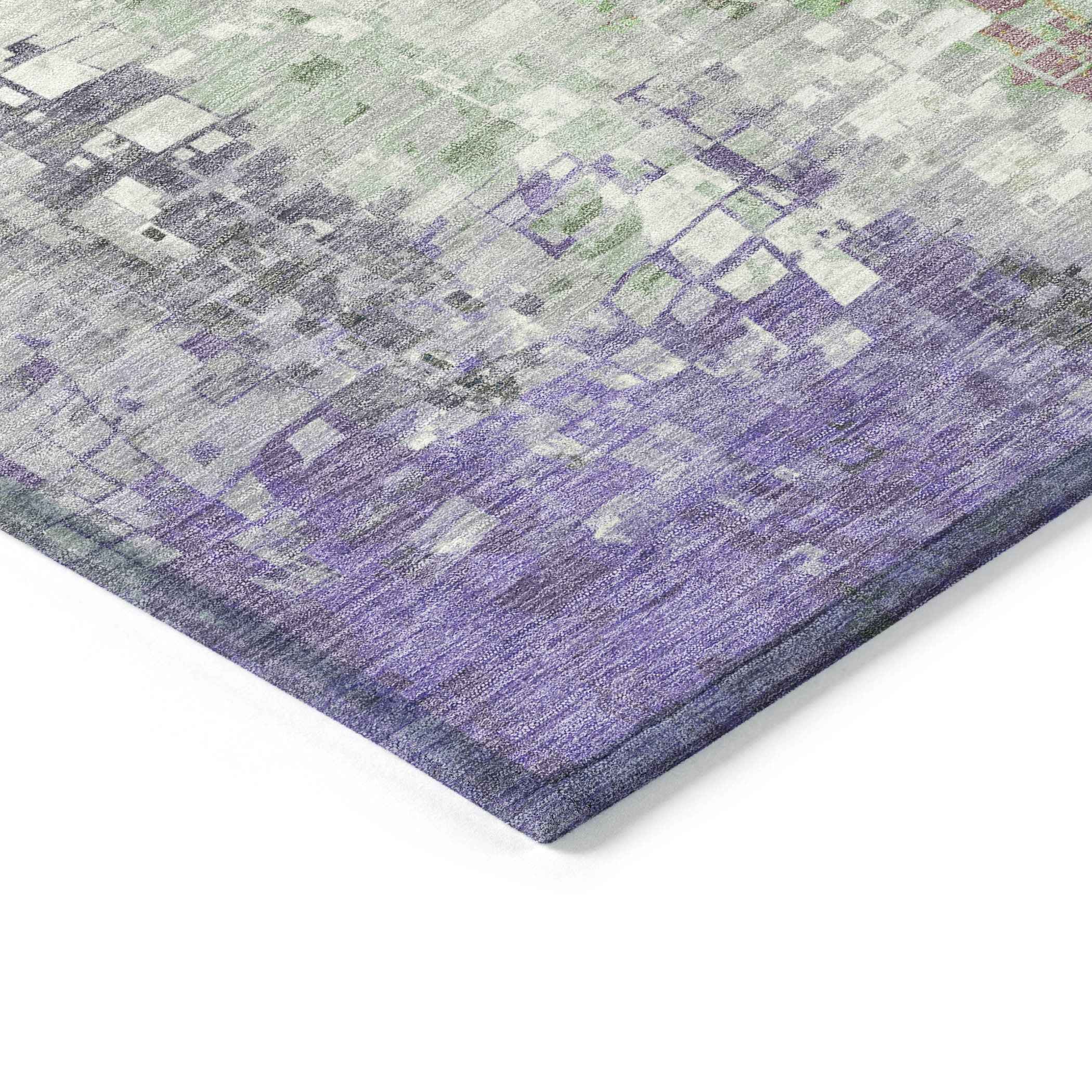 5' X 8' Artichoke Green Ivory And Purple Abstract Washable Indoor Outdoor Area Rug