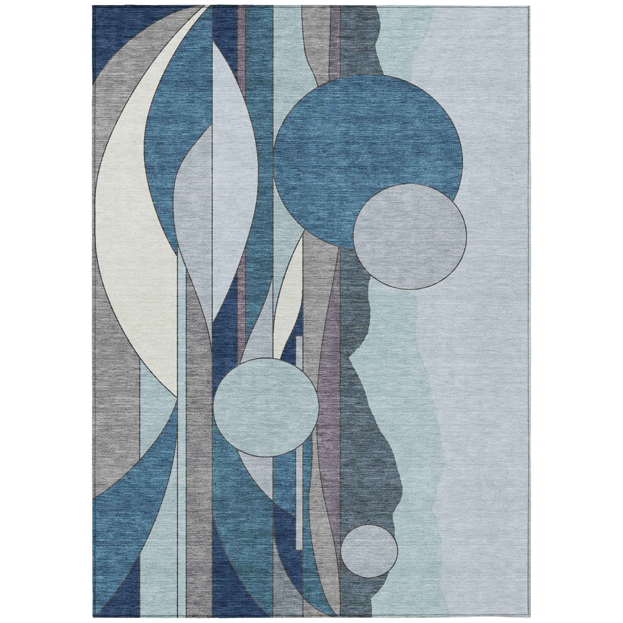 10' X 14' Blue And Ivory Geometric Washable Indoor Outdoor Area Rug