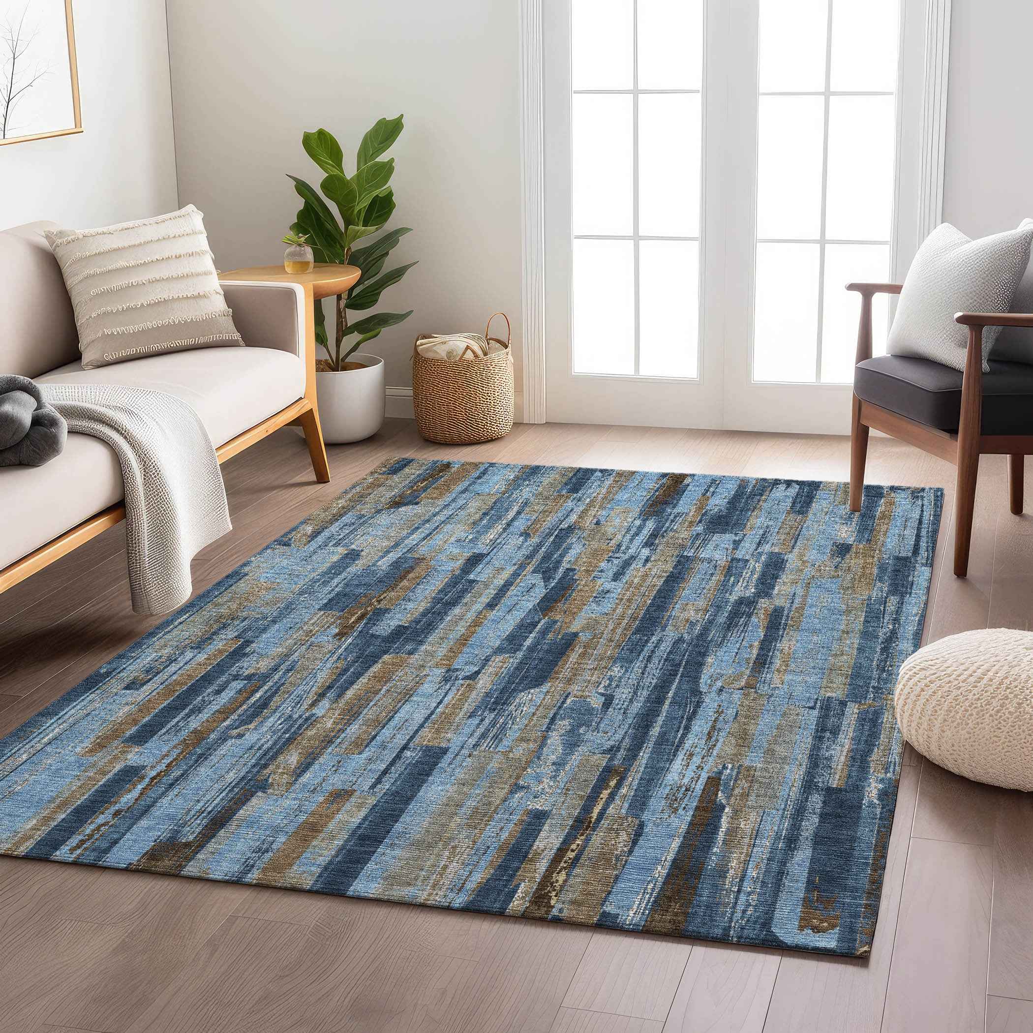 8' X 10' Navy Blue And Taupe Striped Washable Indoor Outdoor Area Rug