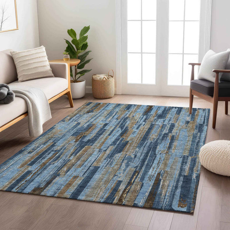 8' X 10' Navy Blue And Taupe Striped Washable Indoor Outdoor Area Rug