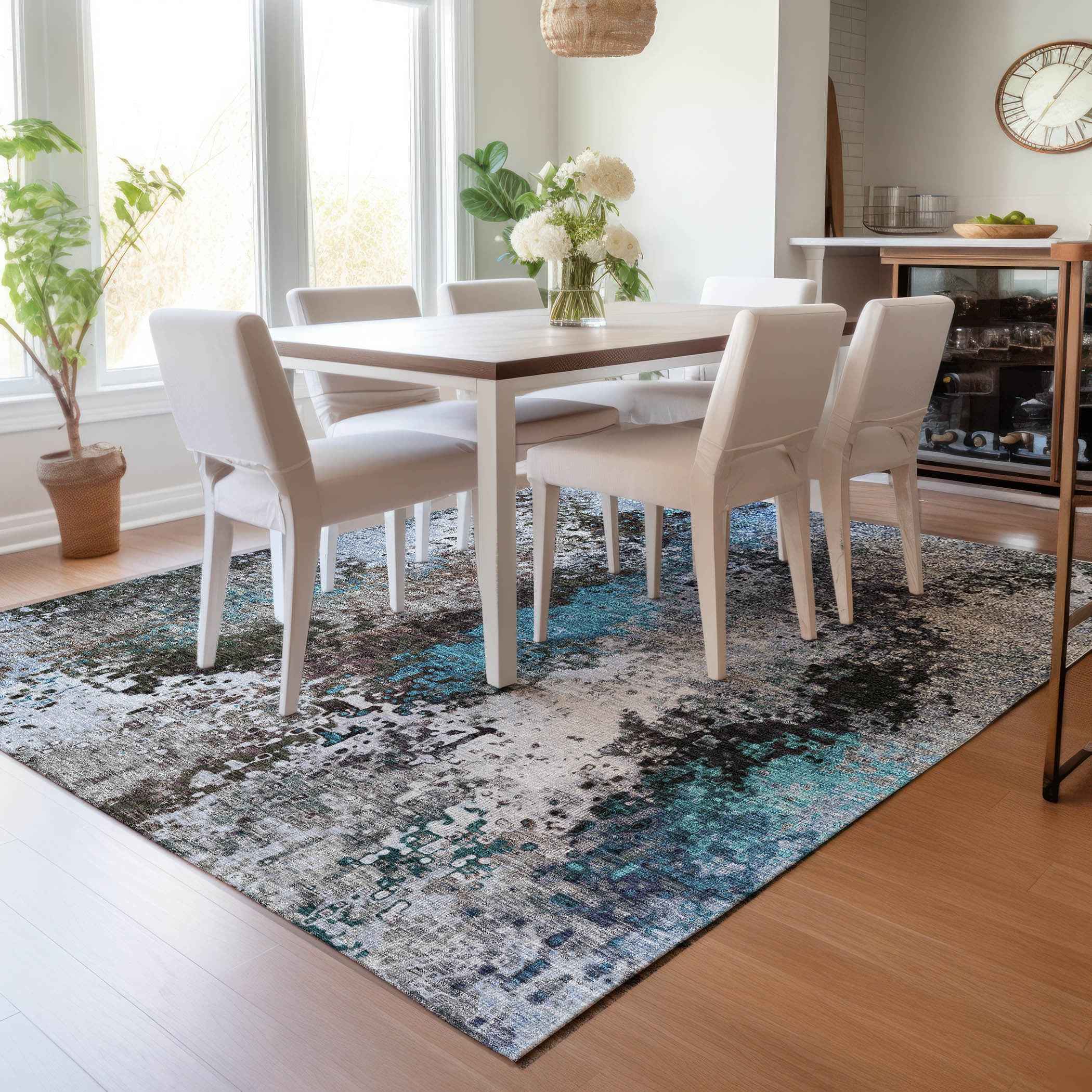 10' X 14' Khaki Ivory And Blue Abstract Washable Indoor Outdoor Area Rug