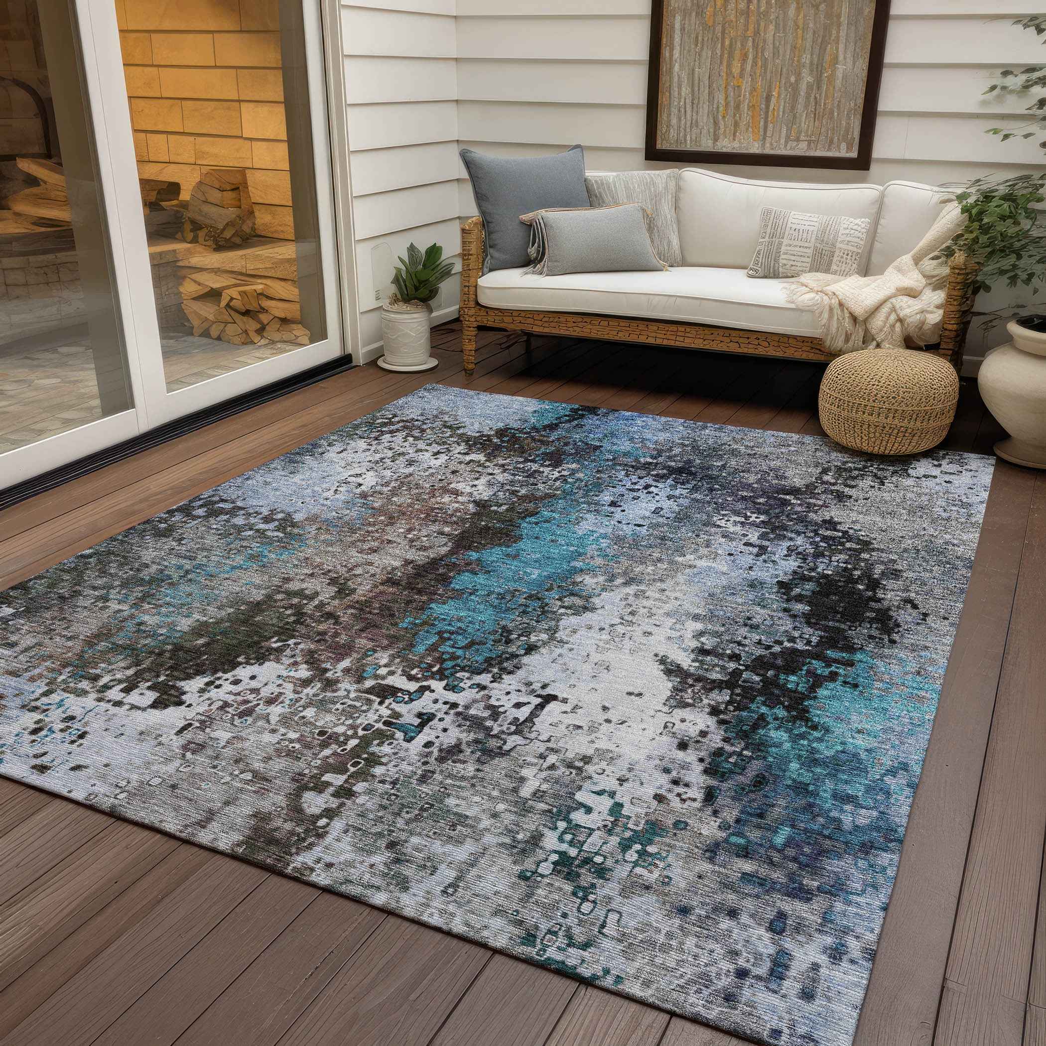 10' X 14' Khaki Ivory And Blue Abstract Washable Indoor Outdoor Area Rug
