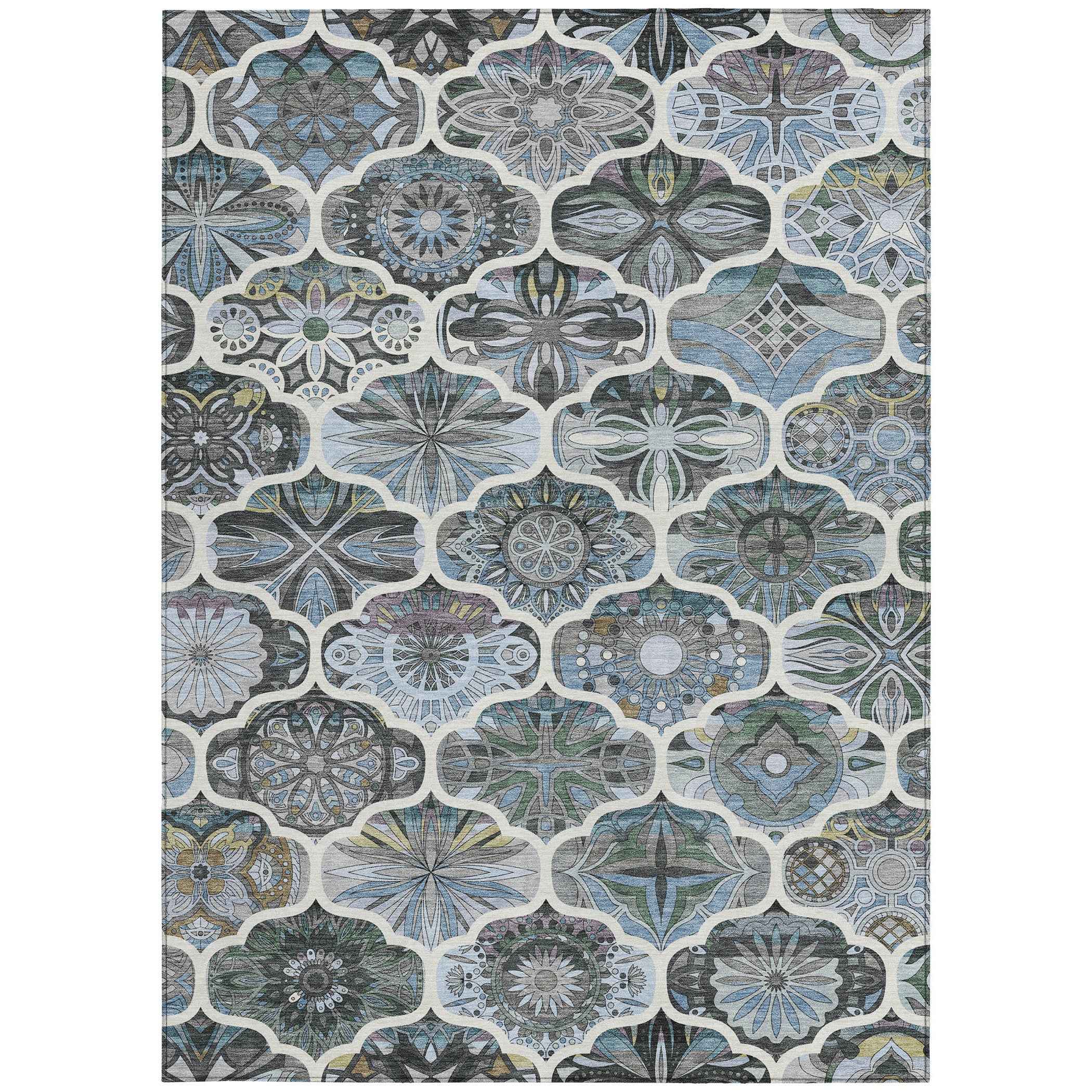 10' X 14' Blue And Ivory Quatrefoil Washable Indoor Outdoor Area Rug