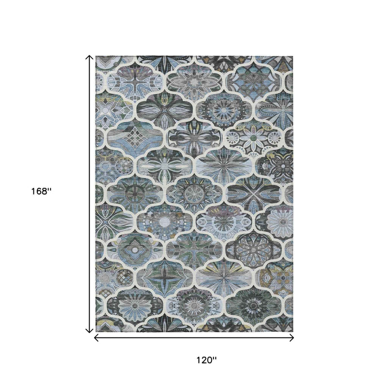 10' X 14' Blue And Ivory Quatrefoil Washable Indoor Outdoor Area Rug