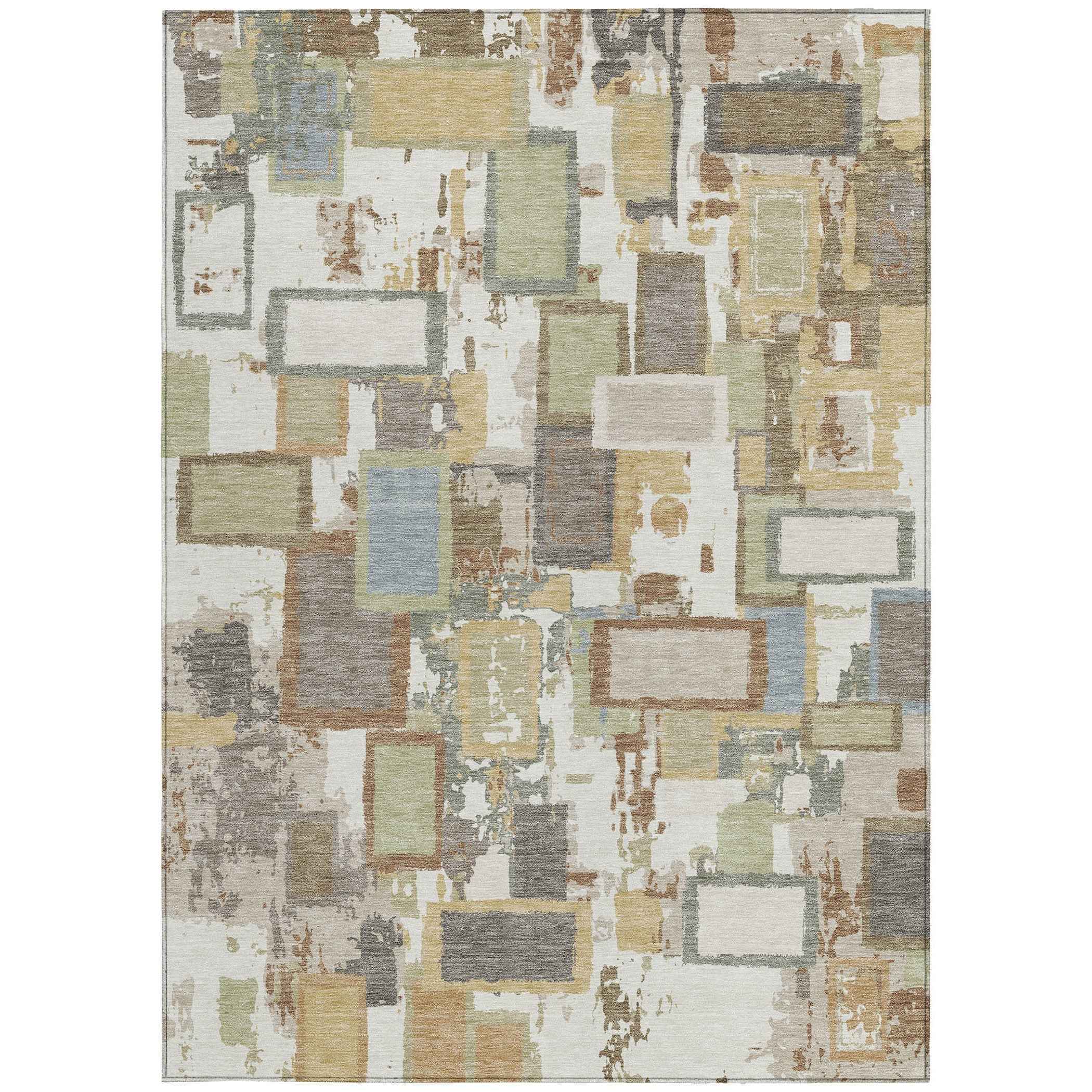 9' X 12' Ivory Gold And Blue Geometric Washable Indoor Outdoor Area Rug