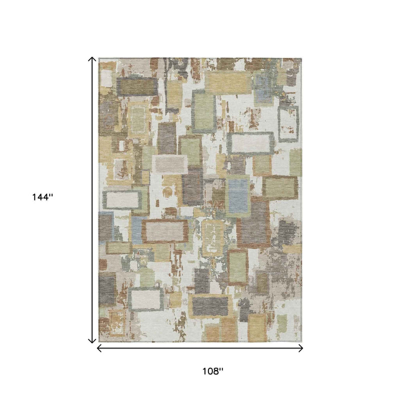 9' X 12' Ivory Gold And Blue Geometric Washable Indoor Outdoor Area Rug